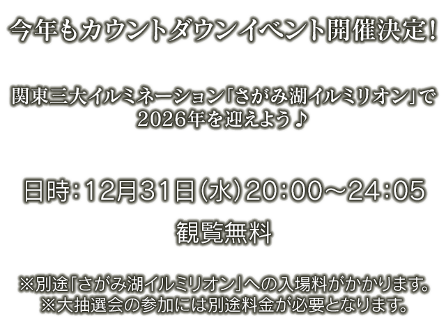 今年もカウントダウンイベント開催決定!関東三大イルミネーション「さがみ湖イルミリオン」で2026年を迎えよう♪