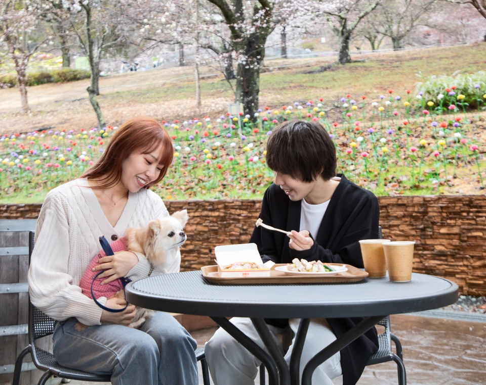 食事するワンちゃんと人