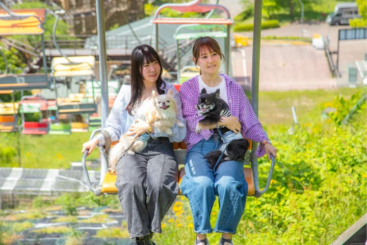 ペアリフトに乗るワンちゃんと人